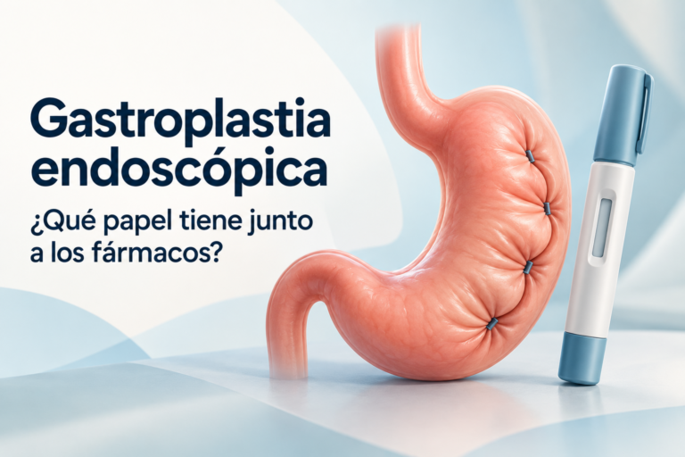 Ilustración de gastroplastia endoscópica y tratamiento farmacológico de la obesidad